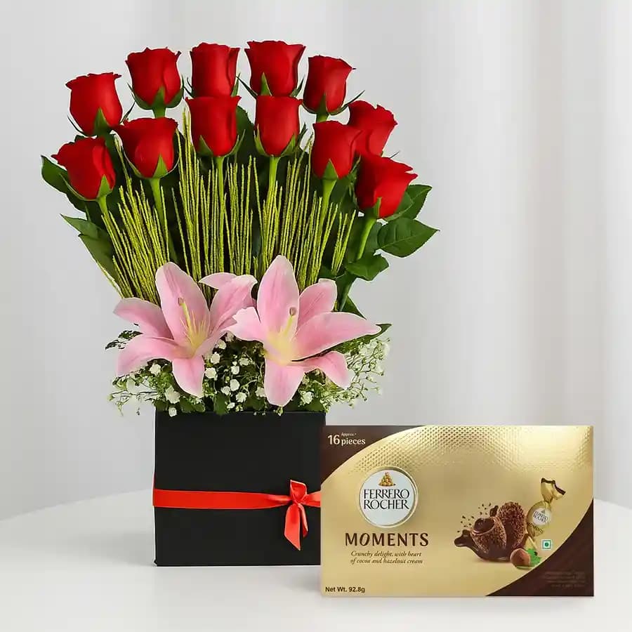 Alluring Red Roses n Pink Lilies Gift Box with Ferrero Rocher Moments