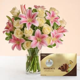 Marvelous Lilies n Roses in Glass Vase with Ferrero Rocher Moments 1