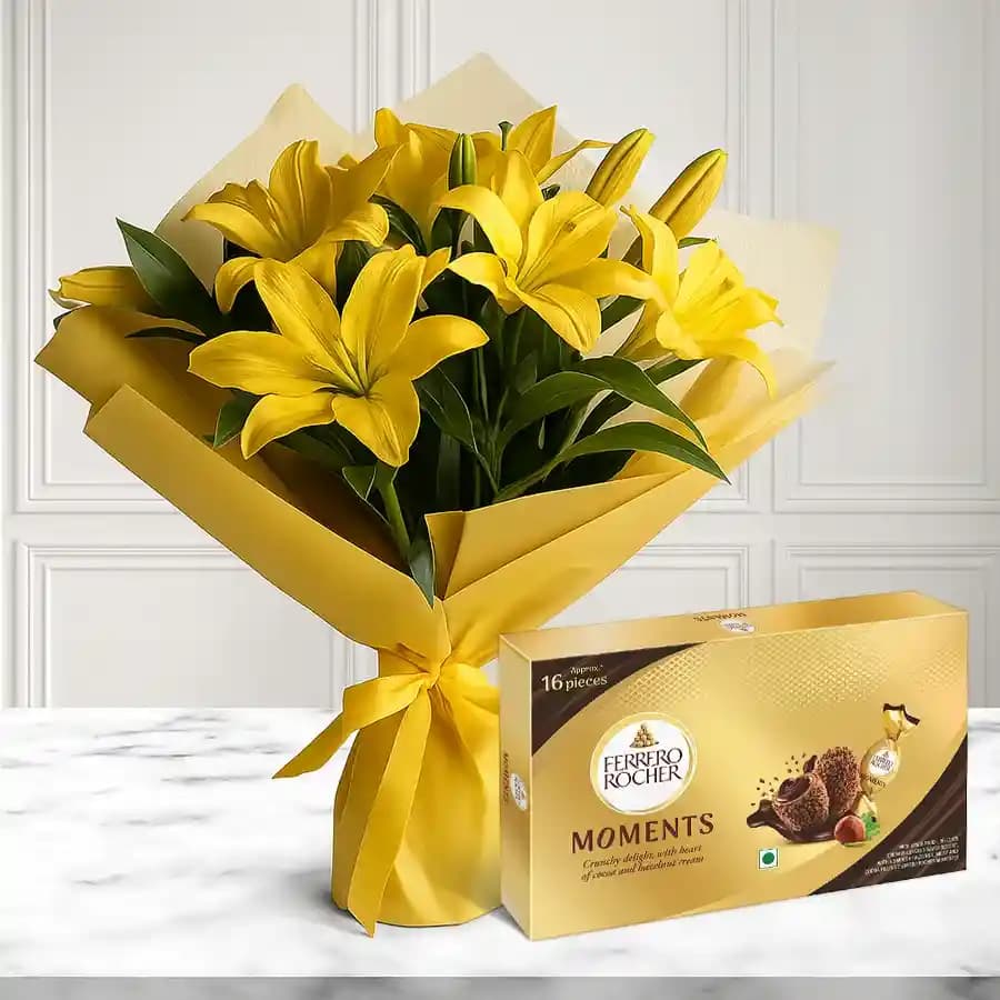 Bright Bouquet of Yellow Lilies with Ferrero Rocher Moments