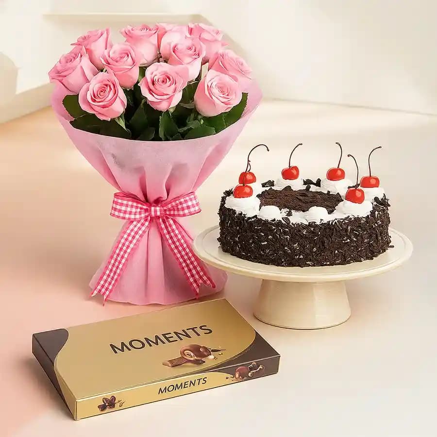 Yummy Black Forest Cake with Pink Roses N Ferrero Rocher Moments