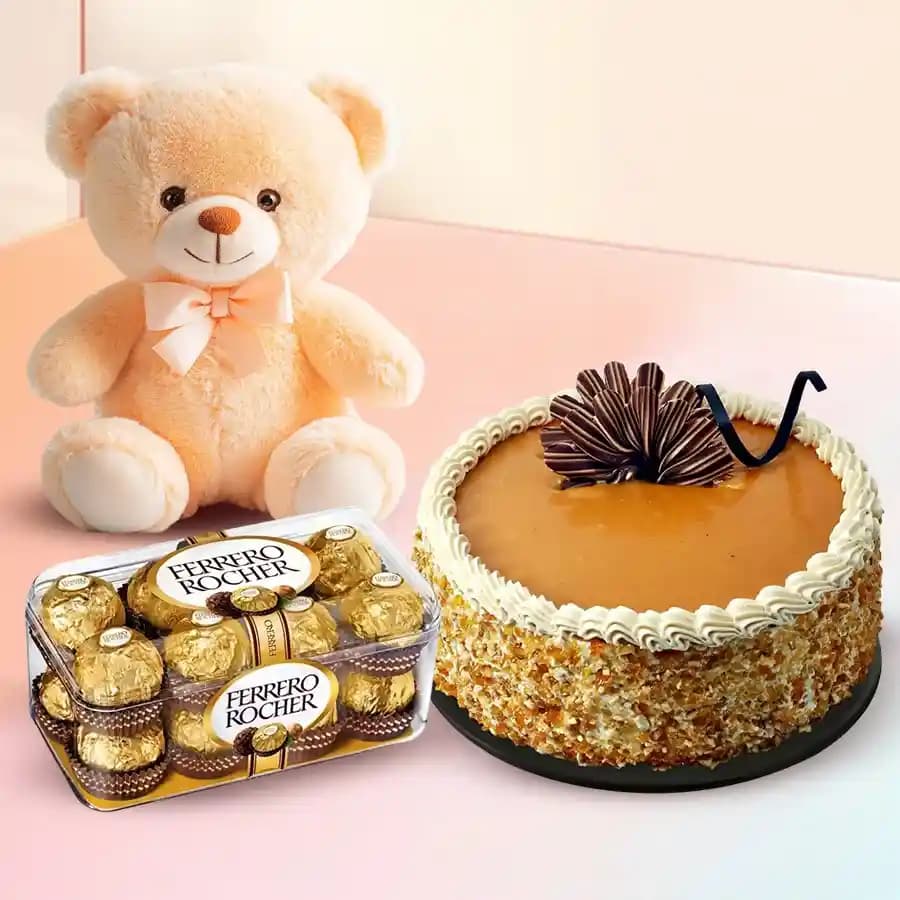 Yummy Butterscotch Cake N Chocolates with a Cute Teddy