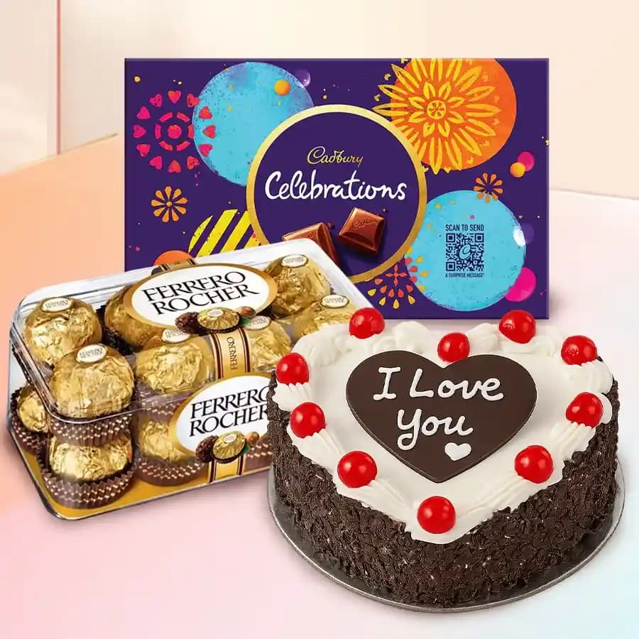 Expressive Combo of Heart Shape Cake with Ferrero Rocher and Cadbury Celebration