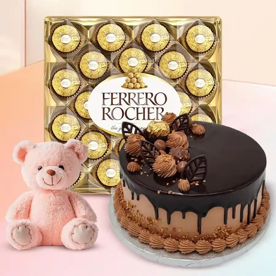 Remarkable Combo of Ferrero Rocher N Chocolate Cake with Cute Teddy