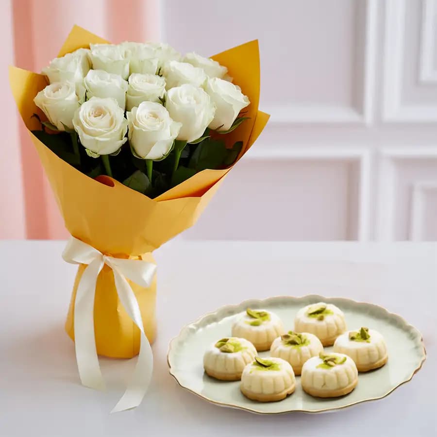 Wrapped in Elegance White Roses Bouquet with Sandesh