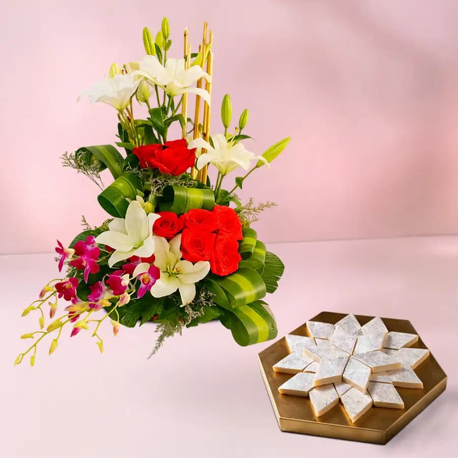 Bikanervala Kaju Katli Delicacy with Flower Bouquet