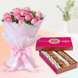 Golden Star Mix Mithai from Bikanerwala with Pink Rose Bouquet 1