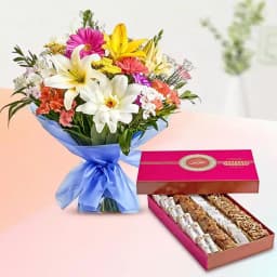 Golden Star Mix Mithai from Bikanerwala with Seasonal Flower Bouquet 1