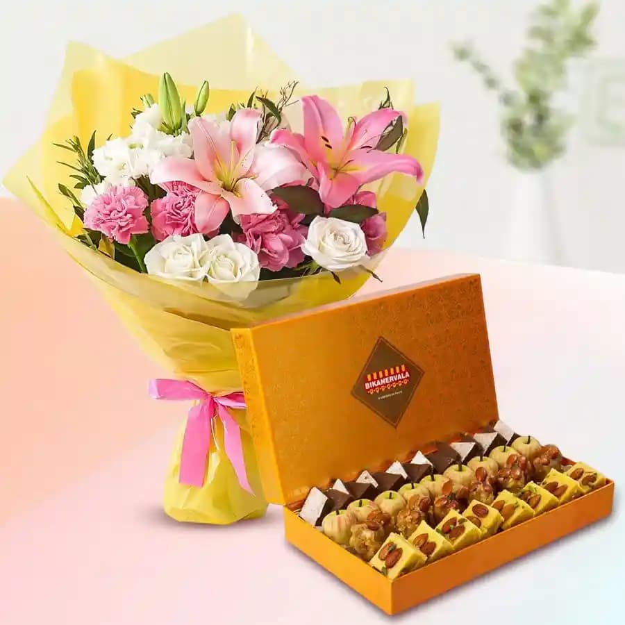Golden Star Mix Mithai from Bikanerwala with Mixed Flower Arrangement