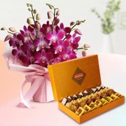 Classic Golden Star Mix Mithai from Bikanerwala with Orchid Bouquet 1