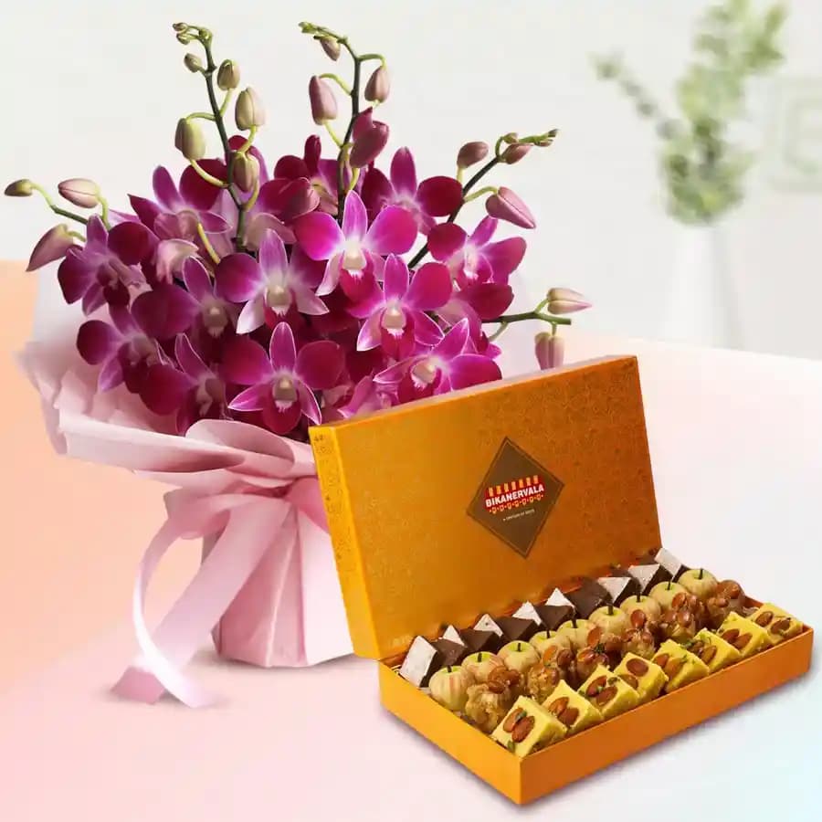 Classic Golden Star Mix Mithai from Bikanerwala with Orchid Bouquet