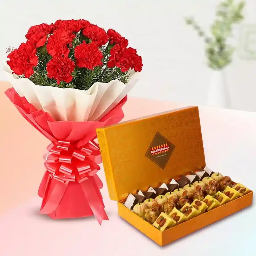 Golden Star Mix Mithai from Bikanerwala with Red Carnation Bouquet