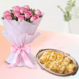 Malai Barfi with Pink Rose Bouquet 1