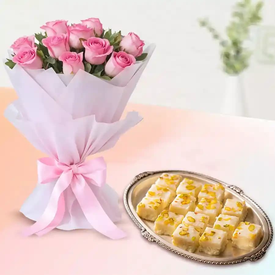 Malai Barfi with Pink Rose Bouquet