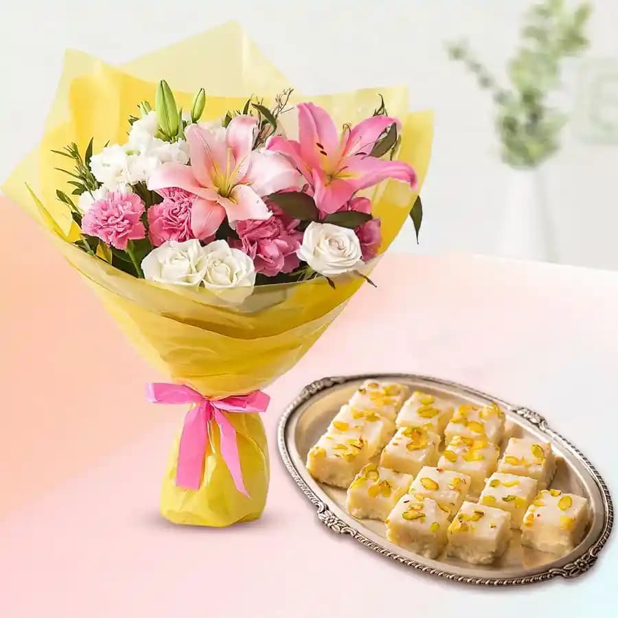 Malai Barfi with Seasonal Flower Bouquet