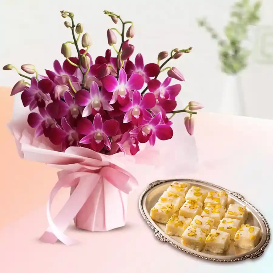 Malai Barfi with Orchids Bouquet