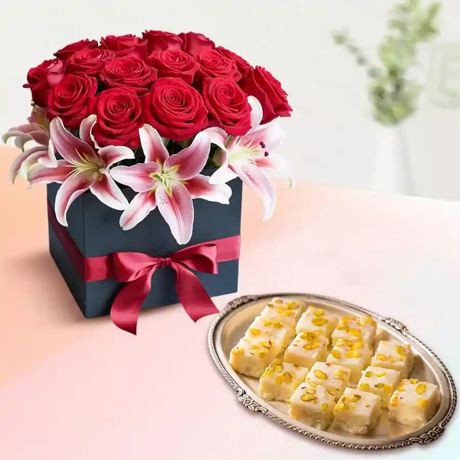 Malai Barfi with a Designer Flower Arrangement