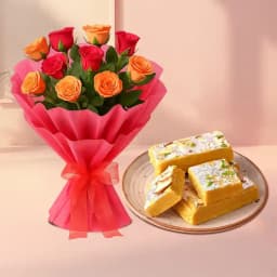 Bikanervala Mewa Bite Orange with Pink Rose Bouquet 1