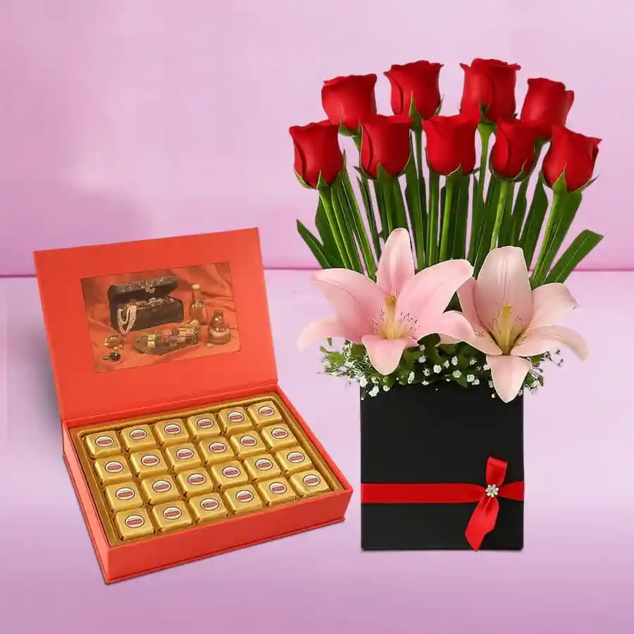 Bikanervala Mewa Bite Orange with Flower Arrangement