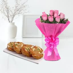 Bikanervala Halwa Sohan with Pink Rose Bouquet 1