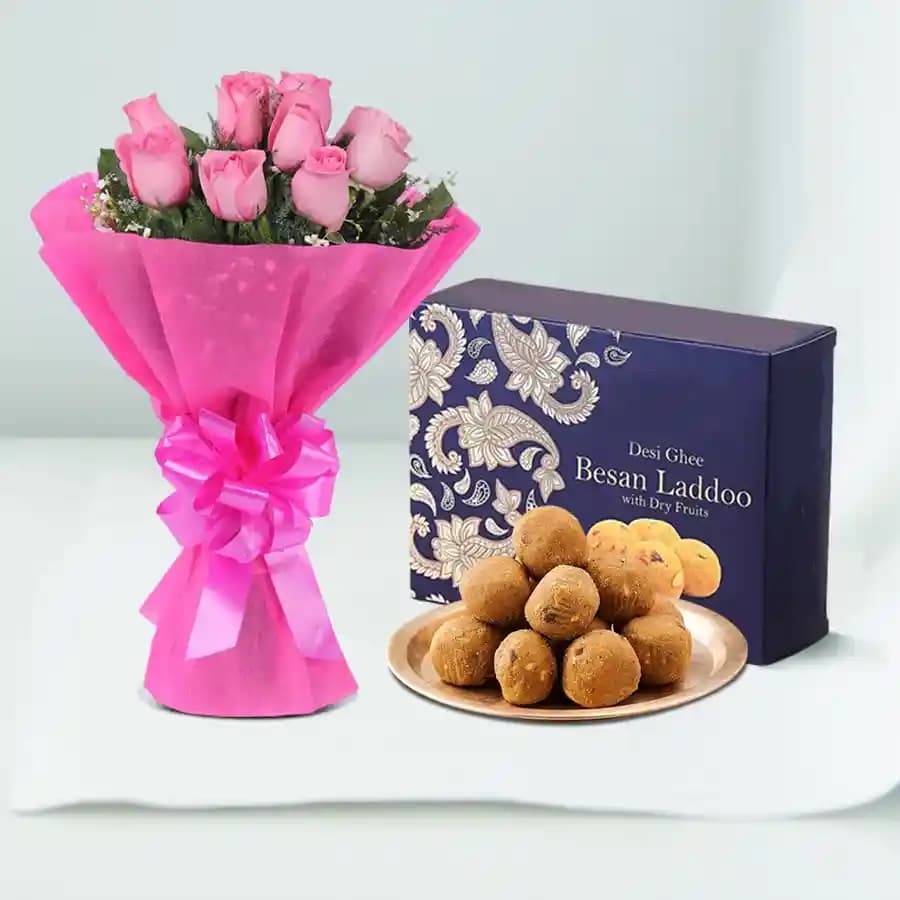 Besan Ladoo with Pink Rose Bouquet