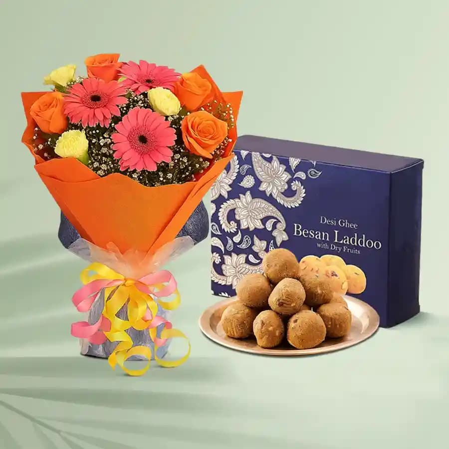 Besan Ladoo with Seasonal Flower Bouquet