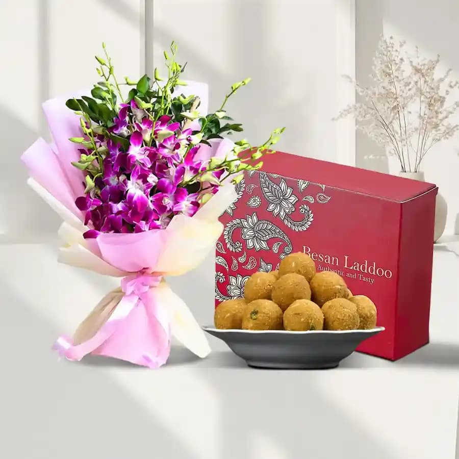 Besan Ladoo with Orchid Bouquet