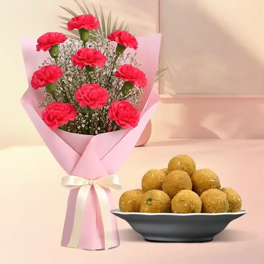 Besan Ladoo with Red Carnation Tissue Wrapped Bouquet