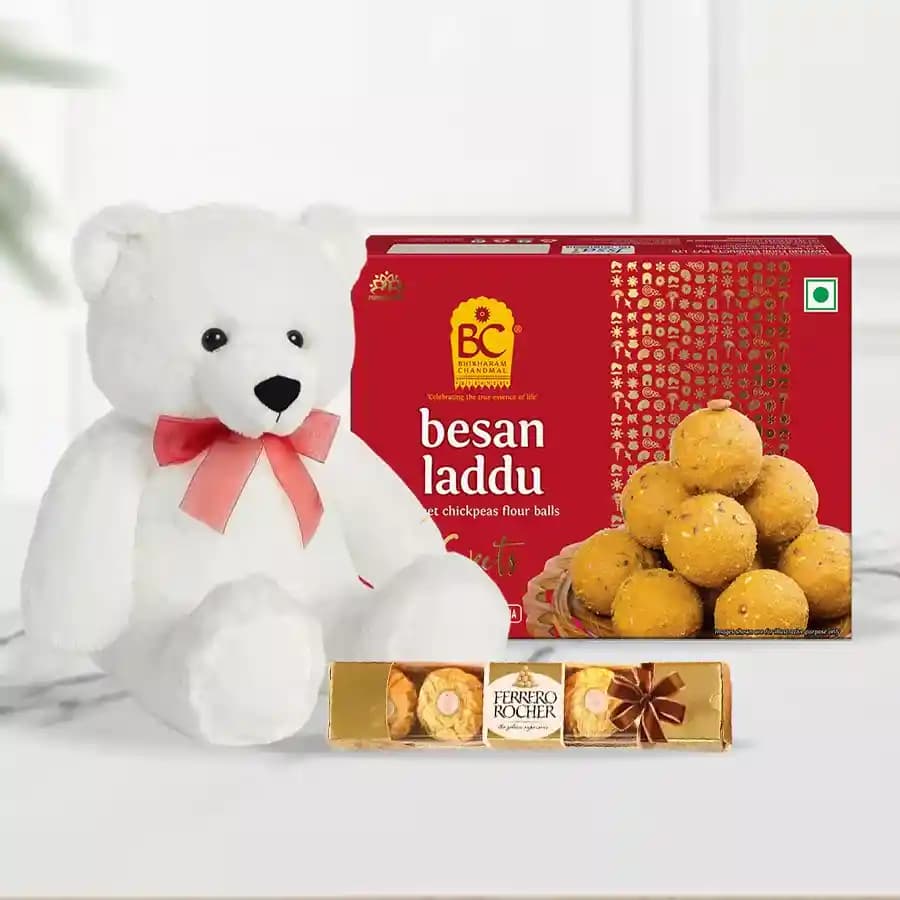 Besan Ladoo with Teddy N Ferrero Rocher Chocolate Pack