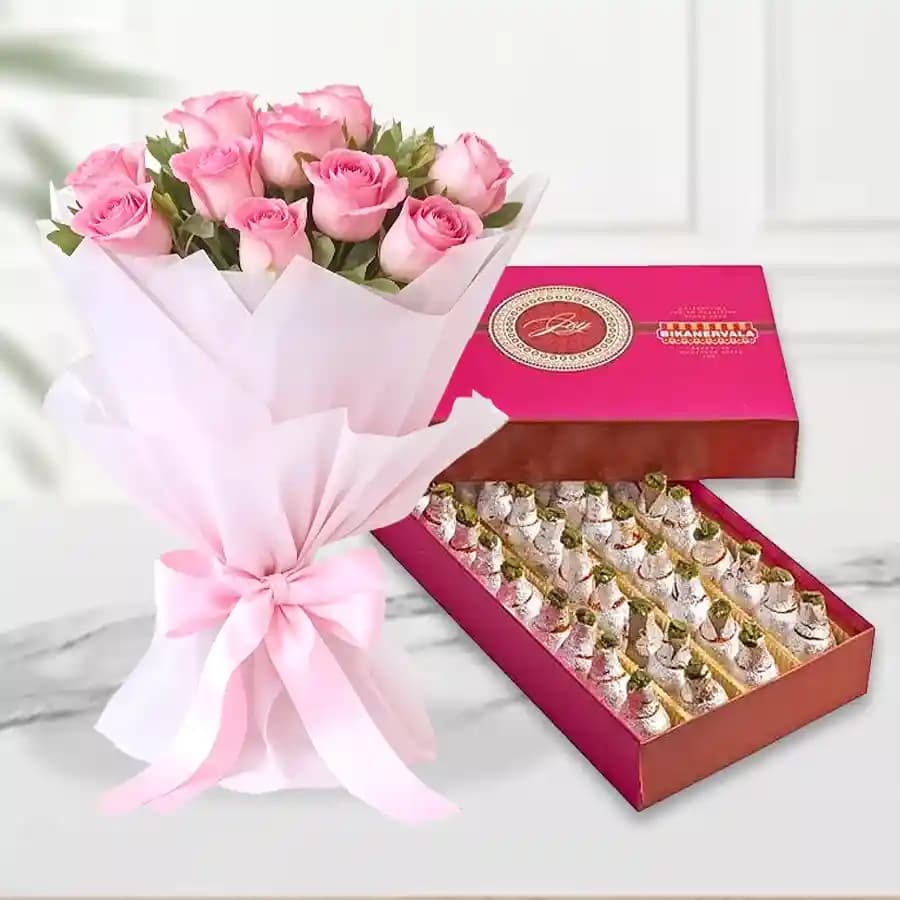 Bikanervala Kaju Kalash with Pink Rose Bouquet
