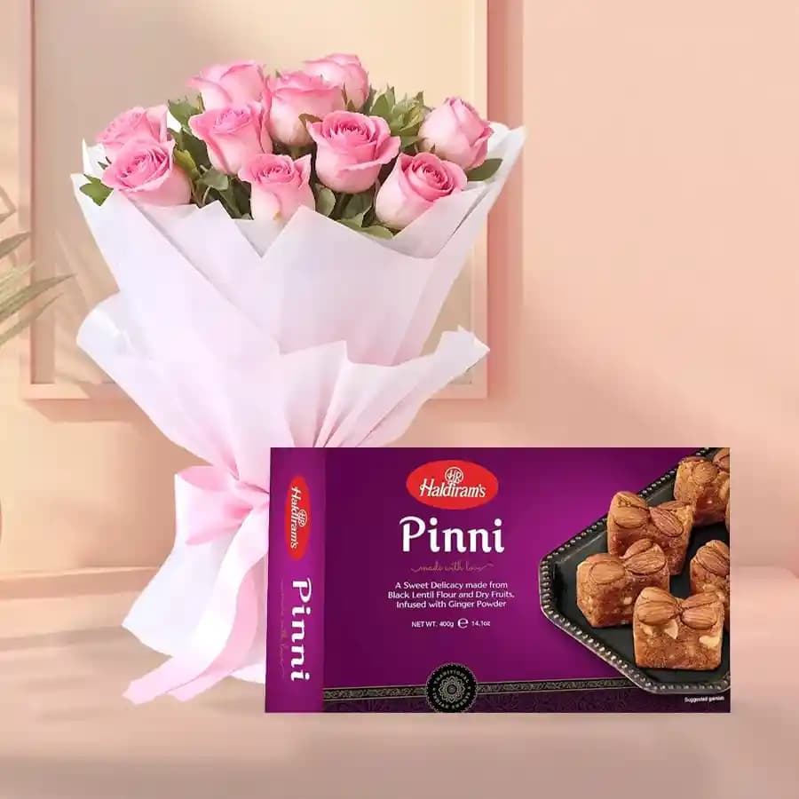 Bikanervala Pinni Special with Pink Rose Bouquet