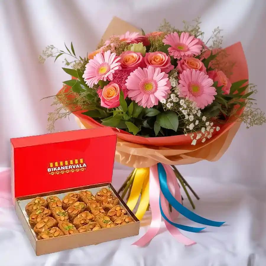 Bikanervala Pinni Special with Seasonal Flower Bouquet