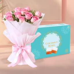 Coconut Burfi with Pink Rose Bouquet 1