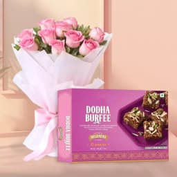 Dhoda Burfi with Pink Rose Bouquet 1