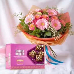 Dhoda Burfi with Seasonal Flower Bouquet 1