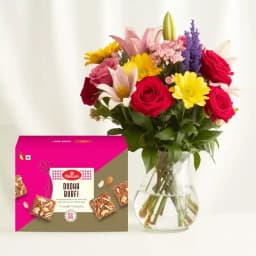 Dhoda Burfi with Mixed Flower Arrangement 1