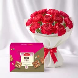 Dhoda Burfi with Red Carnation Tissue Wrapped Bouquet 1