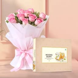 Moong Dal Burfi with Pink Rose Bouquet 1