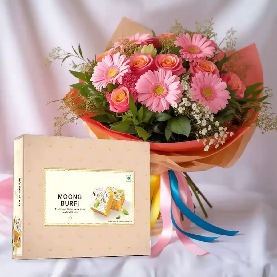 Moong Dal Burfi with Seasonal Flower Bouquet