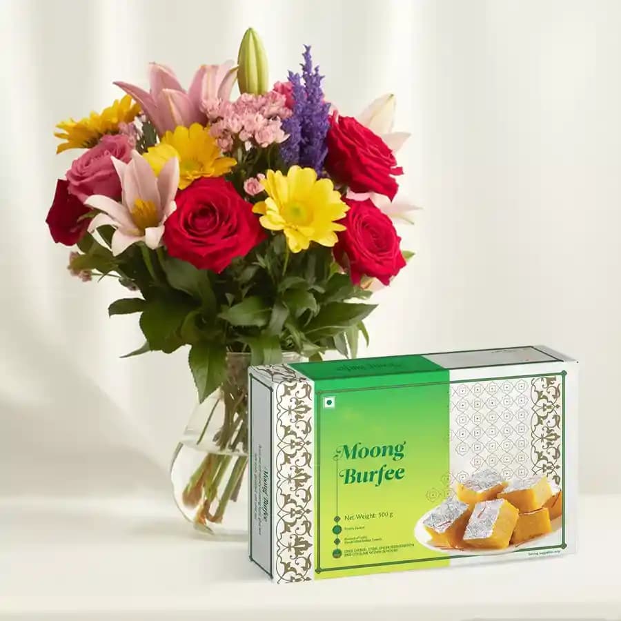 Moong Dal Burfi with Mixed Flower Arrangement