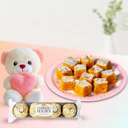 Moong Dal Burfi with Teddy N Ferrero Rocher Chocolate Pack 1