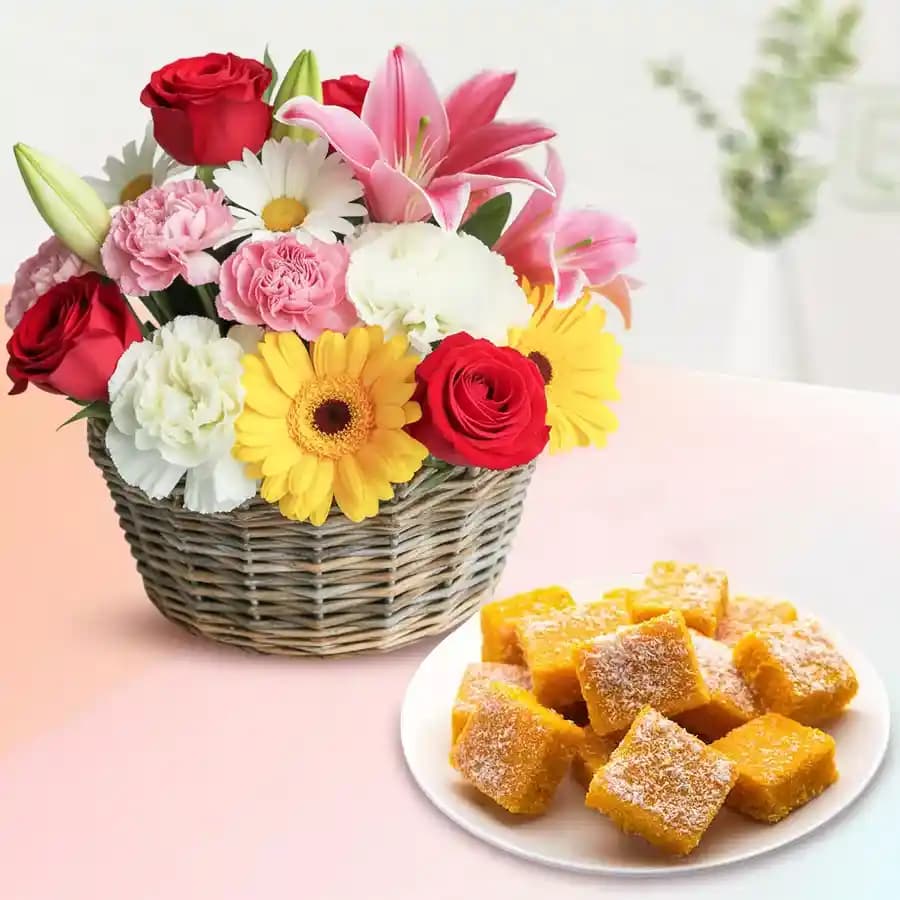 Coconut Burfi with Mixed Flower Arrangement