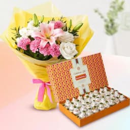 Bikanervala Kaju Kalash with Seasonal Flower Bouquet 1