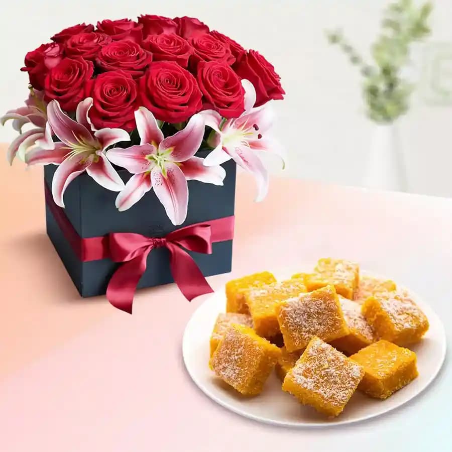 Coconut Burfi with Designer Flower Arrangement