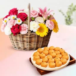 Mathura Peda with Mixed Flower Arrangement 1