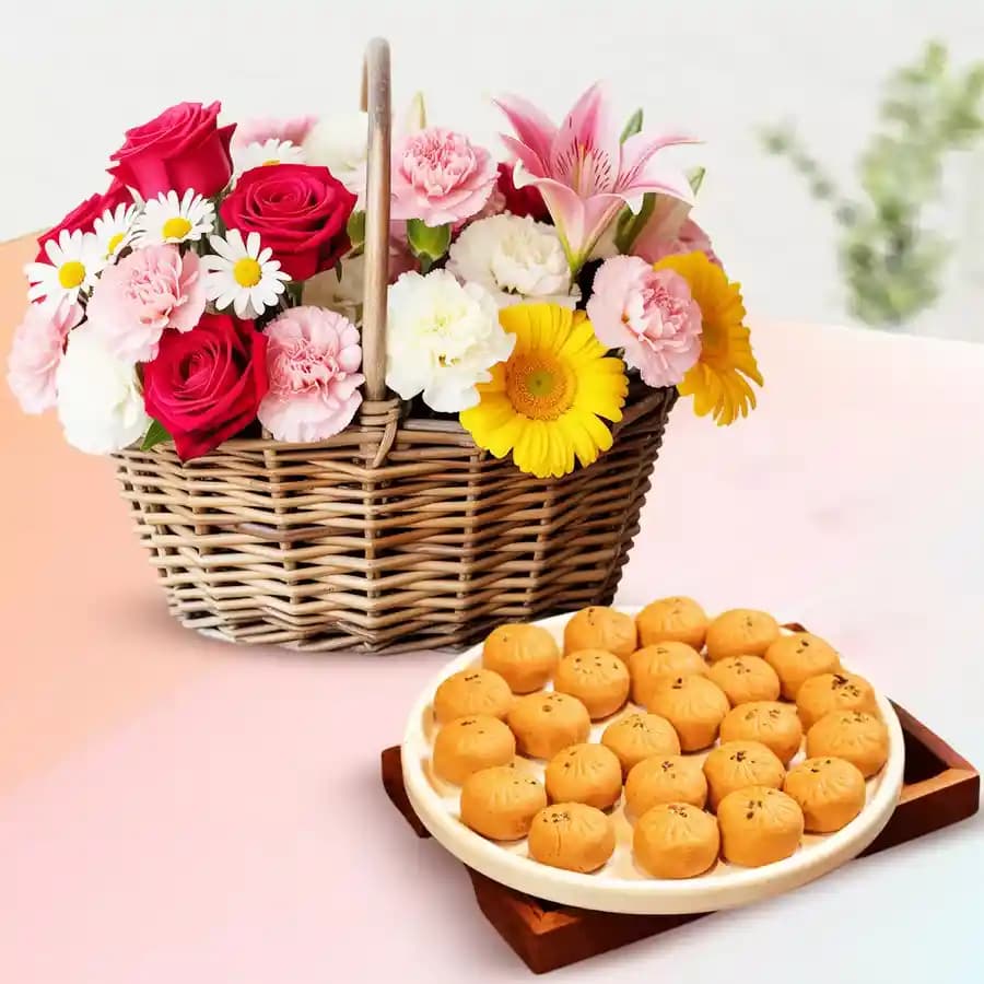 Mathura Peda with Mixed Flower Arrangement