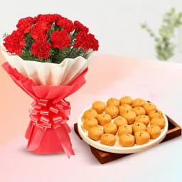 Mathura Peda with Red Carnation Tissue Wrapped Bouquet 1