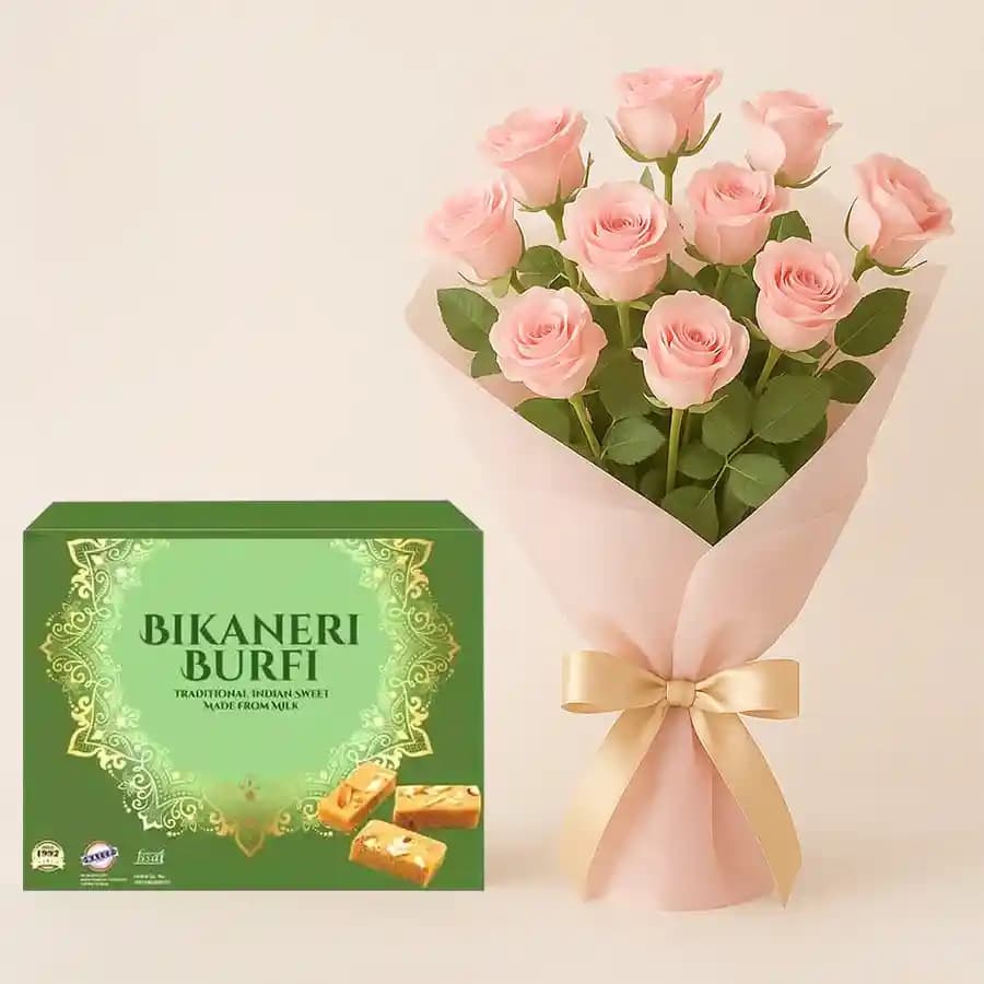 Bikaneri Burfi with Pink Rose Bouquet