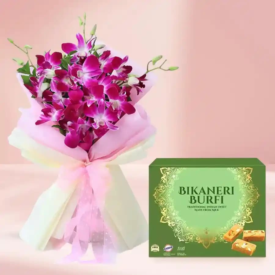 Bikaneri Burfi with Orchid Bouquet