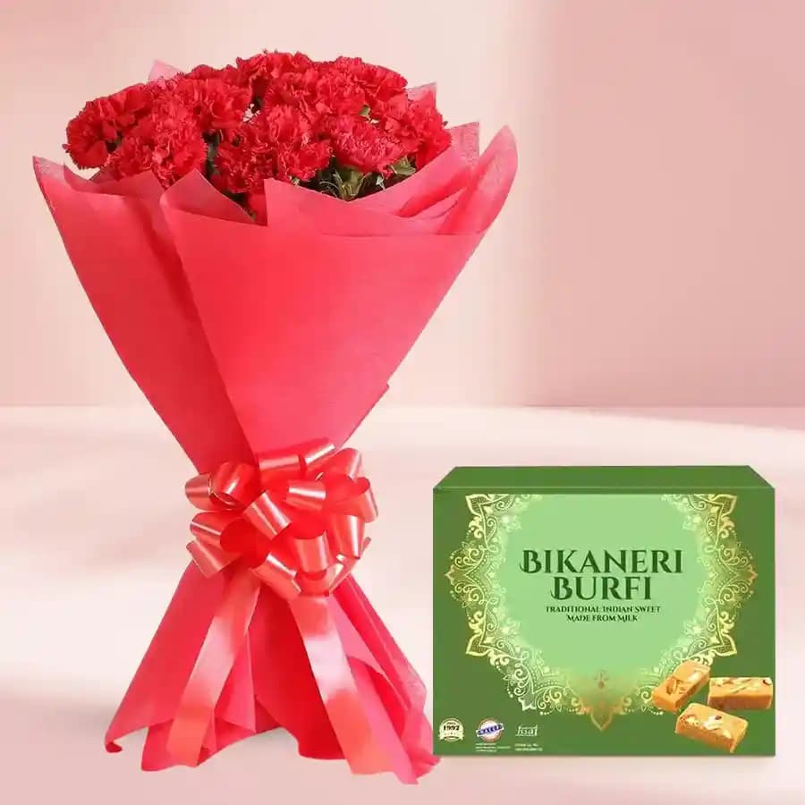 Basking in Glory - Bikaneri Burfi with Red Carnation Bouquet