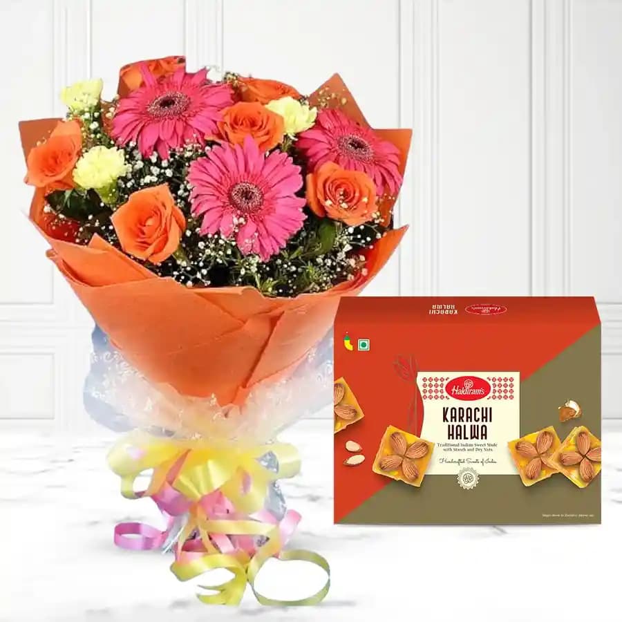Karachi Halwa with Seasonal Flower Bouquet